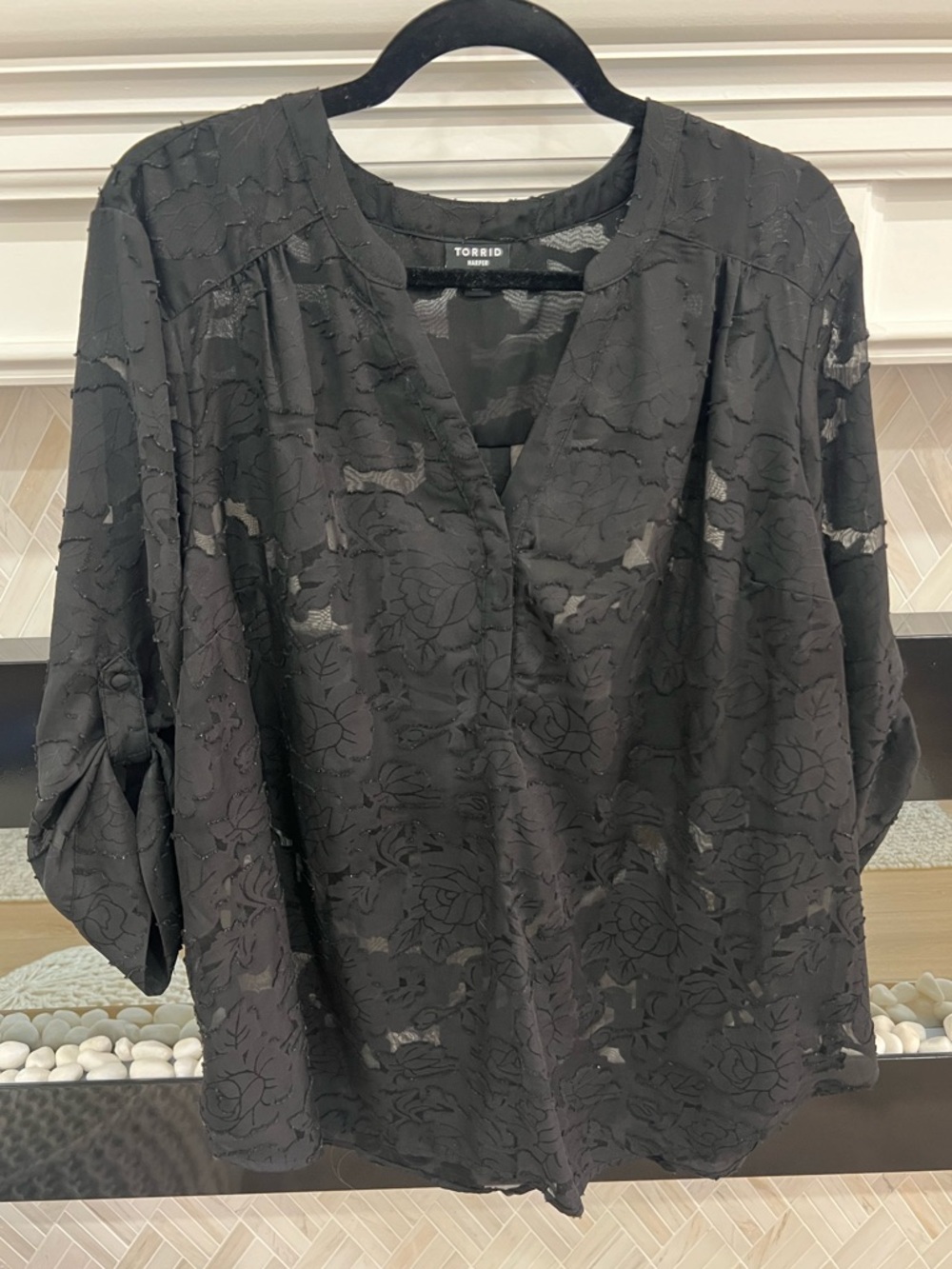 torrid Harper Sheer Black Floral Lace V-Neck 3/4 Sleeve Blouse 2X 18-20